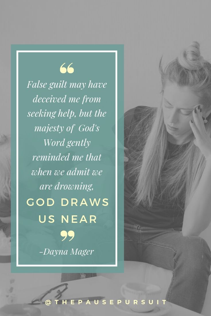 Exhausted mother with smiling daughter - Quote image - False guilt may have deceived me from seeking help, but the majesty of God's Word gently reminded me that when we admit we are drowning, God draws near. - Overcoming Postpartum Depression