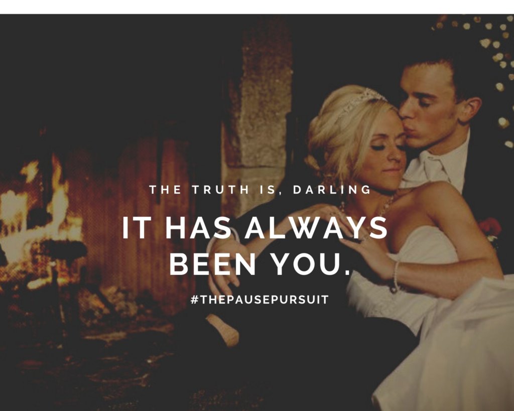 Husband kissing bride on temple in front of fireplace on their wedding day - Quote image: The truth is, darling, it has always been you. #ThePausePursuit