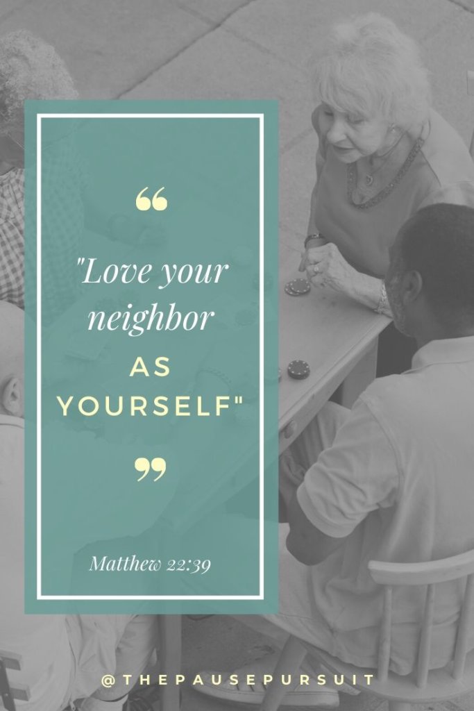 Four adults sitting at a table together - Quote image - Love your neighbor as yourself. Matthew 22:39 - Black Lives Matter: Racism