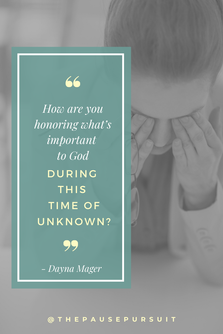 Tired woman head down, hands over her eyes - Quote image - How are you honoring what's important to God during this time of unknown? - The Pandemic Cure | Answering the Hard Questions